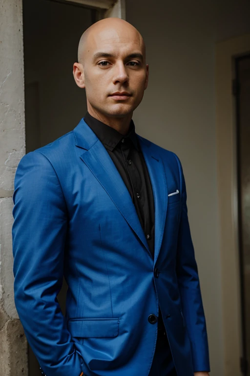 Bald man standing in blue suit