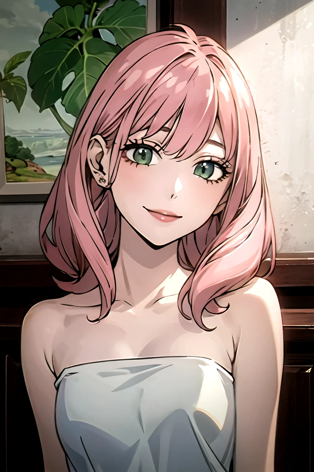 ((best quality)), ((masterpiece)), (detailed), perfect face. Asian girl. Pink hair. Green eyes. Topless. Small breast. Smile.