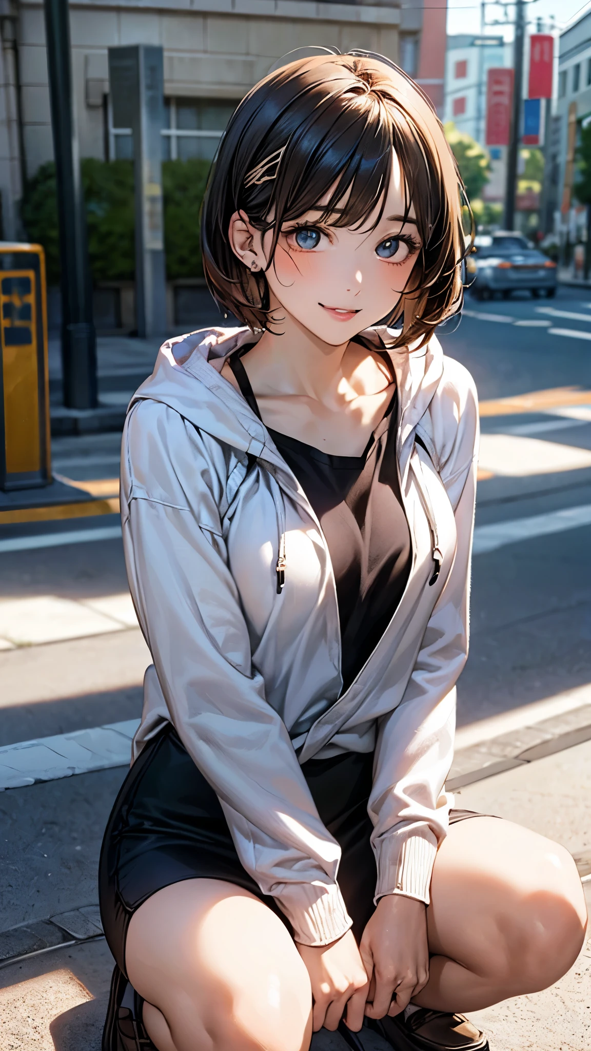 (masterpiece:1.2, top-quality), (realistic, photorealistic:1.4), beautiful illustration, (natural side lighting, movie lighting), depth of fields,
looking at viewer, cowboy shot, (from below), 1 girl, japanese, high school girl, perfect face, cute and symmetrical face, babyface, round face, shiny skin,
(short hair, straight hair, black hair), bangs hairpin, asymmetrical bangs, pale turquoise eyes,, long eye lasher, (medium breasts), perfect female body,
beautiful hair, beautiful face, beautiful detailed eyes, beautiful clavicle, beautiful body, beautiful chest, beautiful thigh, beautiful legs, beautiful fingers,
(hoodie, pencil skirt, long sleeves, knapsack),
(beautiful scenery), (street, shiny, bright, rim lighting), (squatting), (lovely smile, upper eyes, parted lips),
