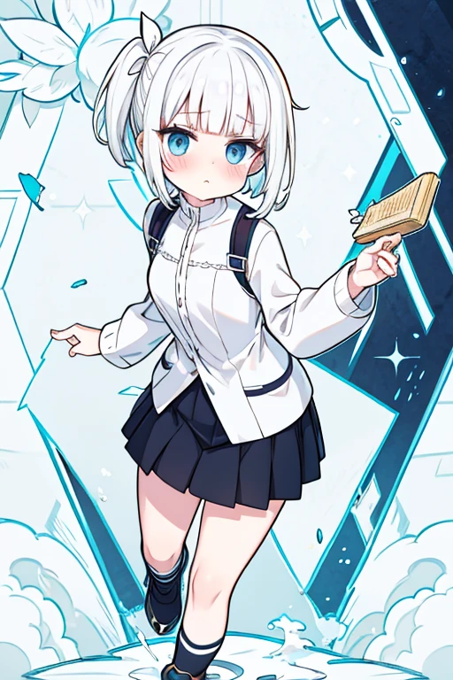 white hair, short hair, side ponytail, blunt bangs, spit take, flustered, nervous, turn pale, high quality, best quality, fullbody