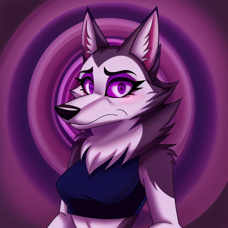 (masterpiece, best quality:1.2), Vortex hellhound, female feminine wolf, furry, white fur, helluva boss, she wears a blue crop, and black short, hypnotized with completely spyral glowing purple eyes with no irises or pupils, full body image