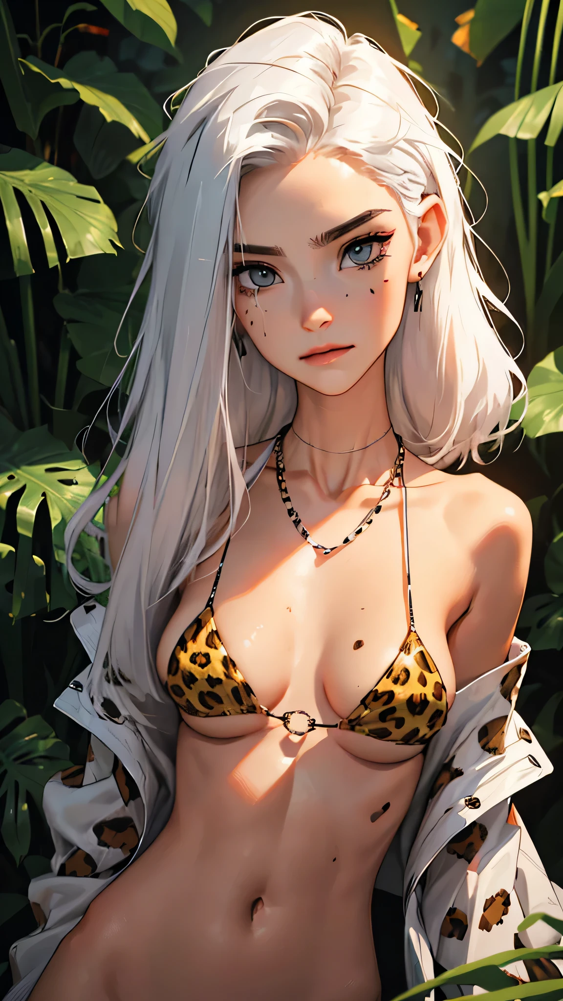 （lifelike， high - resolution：1.3）， 1 girl with a perfect body，slender body, Super fine face and eyes，assasin, dark makeup, shiny skin，white hair, (jungle outfit, cheetah print micro bikini)，Expose cleavage, bracelets, natural jewelry, a lot of necklaces, body chains, waist chains