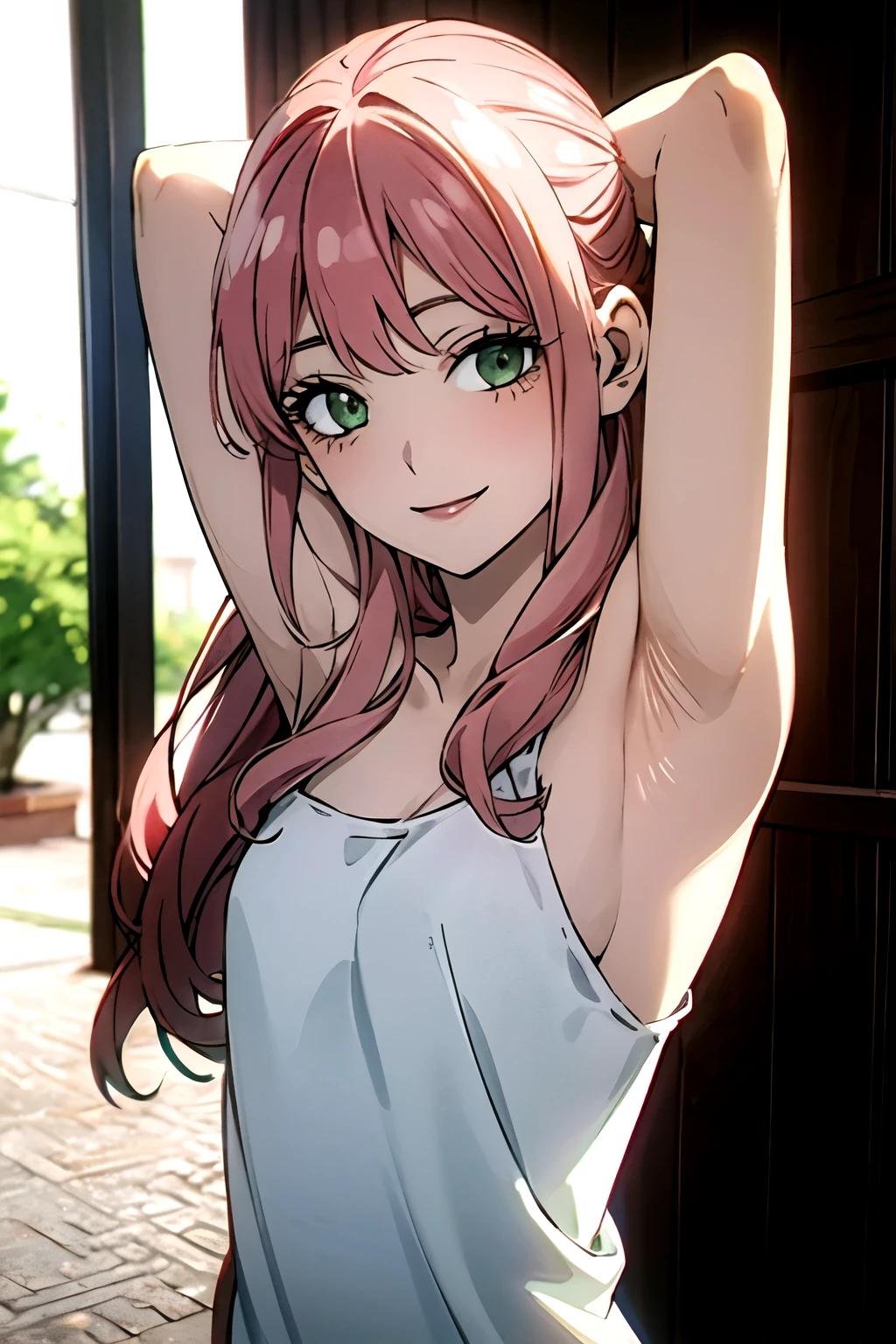 ((best quality)), ((masterpiece)), (detailed), perfect face. Asian girl. Pink hair. Green eyes. Topless. Small breast. Smile. Armpit.