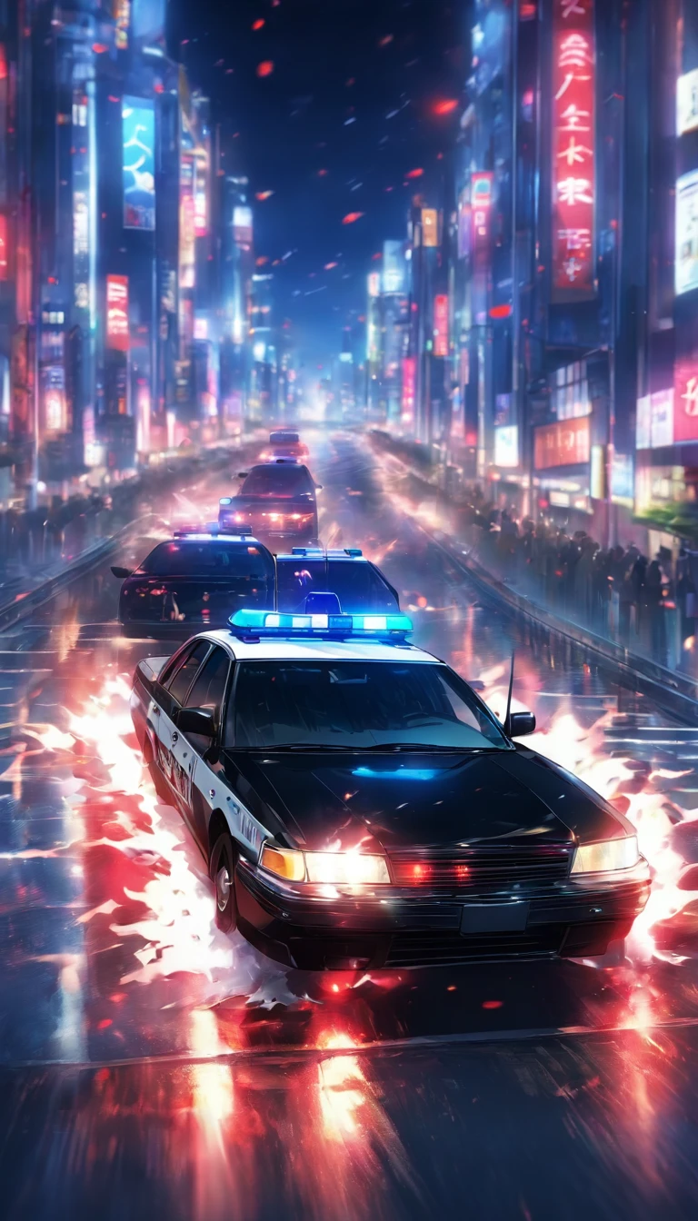 Black and white Japanese police car、Running with sirens blaring　Red police light,Night Highway、Photographed from directly in front、dynamic、３ｄAnime Style、Very impressive、