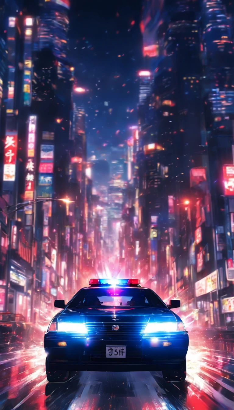 Black and white Japanese police car、Running with sirens blaring Red police light,Night Highway、Photographed from directly in front、dynamic、3dAnime Style、Very impressive、