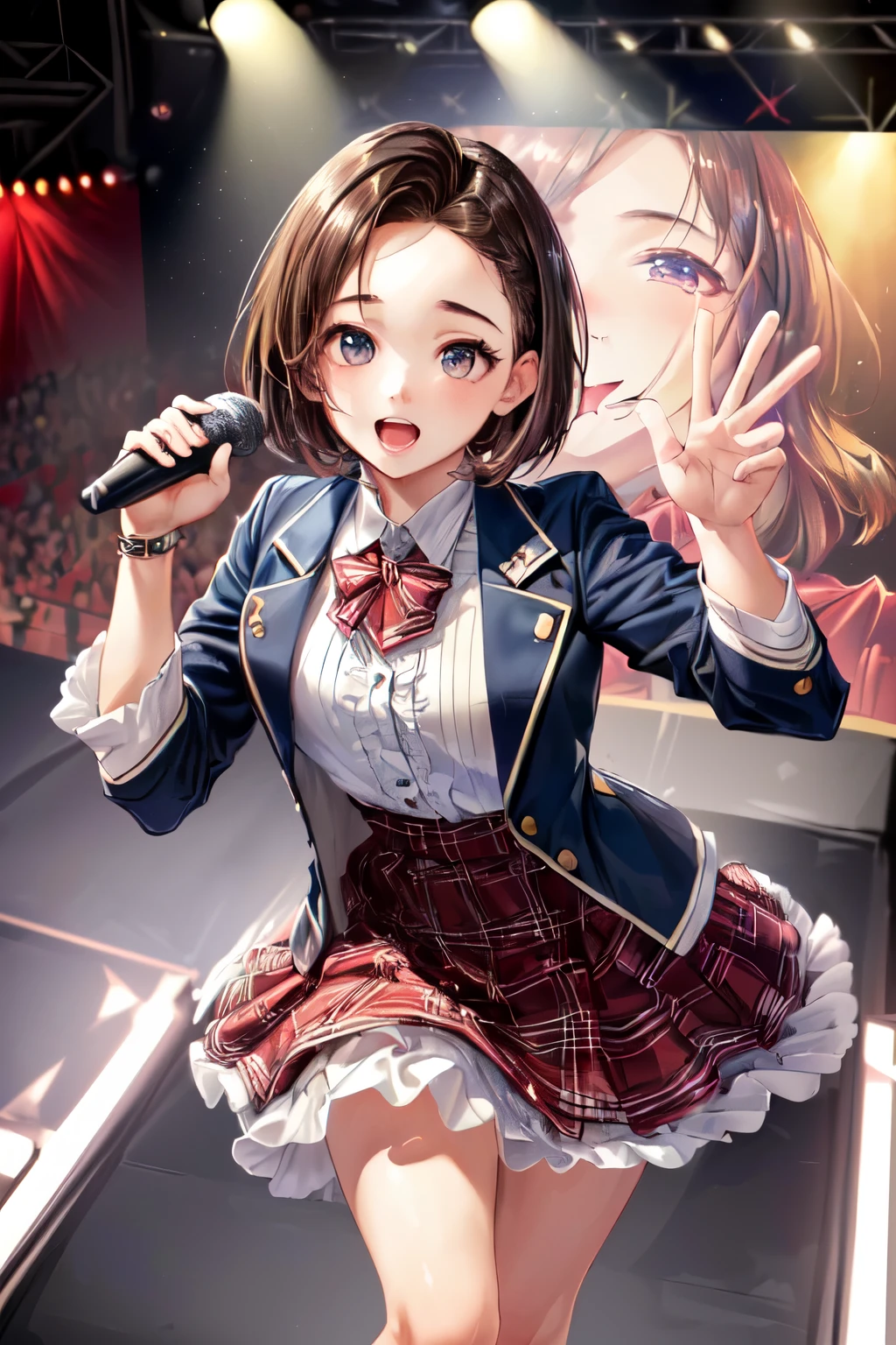 ((Best of the highest quality, 8k, Masterpiece, raw photo: 1.3)), (Great artist style, Alphonse Mucha: 0.9), Sharp focus, (1girl: 1.1), face focus, cute face, (portrait: 1.2), (k-pop idol, on the stage, microphone: 1.28), jacket, skirt, from above, (brunette short bob hair, forehead: 1.1),