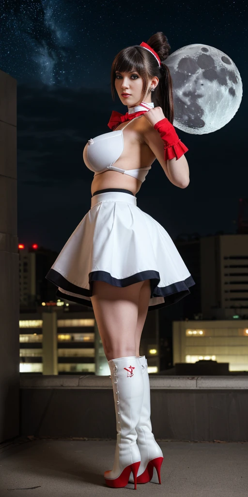 (masterpiece, best quality, ultra detailed, absurdness)1.5, 1girl, (sexy, beautiful woman, perfect face, perfect eyes, perfect female body, huge breasts)1.5, (usagi, double bun, twin tails, parted bangs, circlet, jewelry, earrings, choker, red bow, white gloves, elbow gloves, blue skirt, red boots with white trim, ), (standing on a rooftop, Japanese city in background, night sky, moonlit), perfect lighting, smooth, hud, fionafrostlora (RAW photo, best quality) (realistic, photo-realistic:1.4)