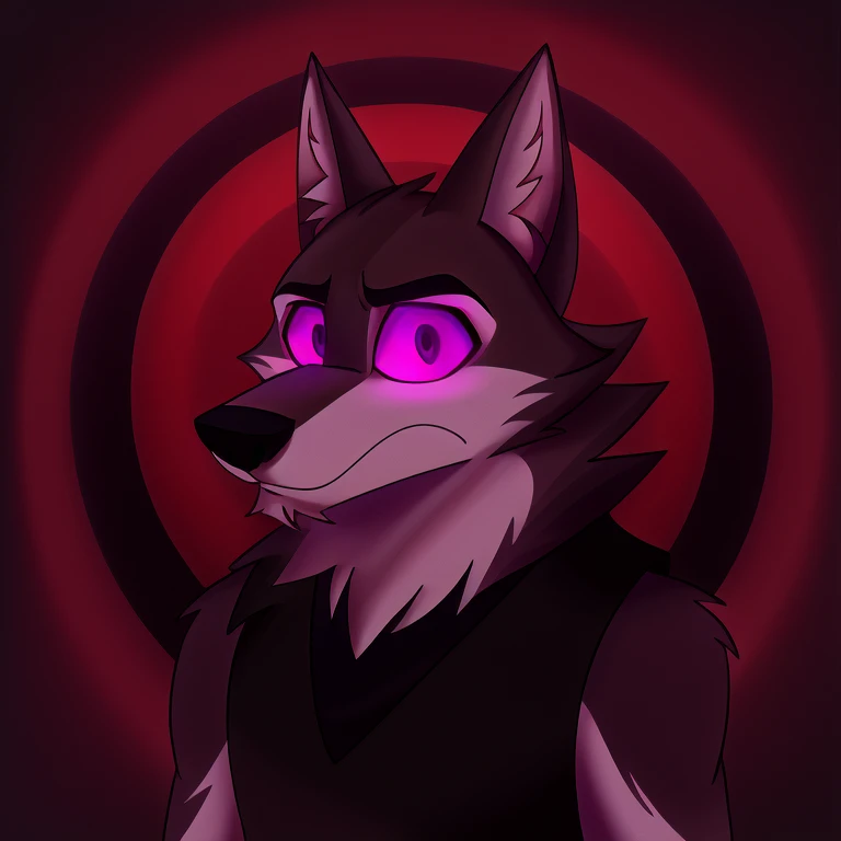 (masterpiece, best quality:1.2), Vortex hellhound, wolf, furry, helluva boss, he wears a black t-shirt with a gray vest with red spikes on the shoulders and black pants, hypnotized with completely spyral glowing purple eyes with no irises or pupils, full body image