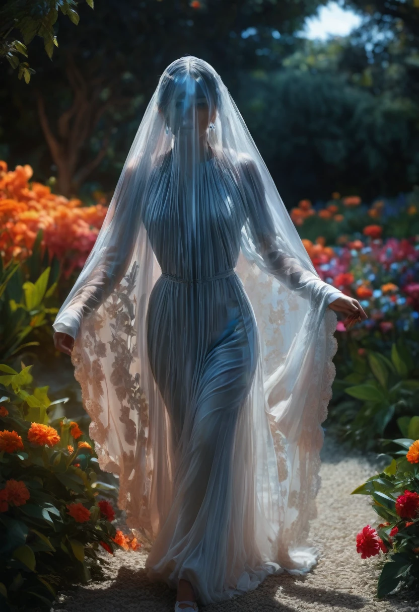 a beautiful girl in a lush garden, vibrant blue sky, red and orange flowers, detailed face and eyes, volumetric lighting, intricate details, photorealistic, high definition, masterpiece, professional digital art, cinematic color palette, Light Pink - RGB: (238, 169, 194)
Muted Blue - RGB: (86, 112, 144)
Dark Grayish Blue - RGB: (61, 70, 90)
Bright Blue - RGB: (30, 156, 235)
Very Dark Gray - RGB: (33, 32, 38)
Light Grayish Blue - RGB: (132, 154, 204)