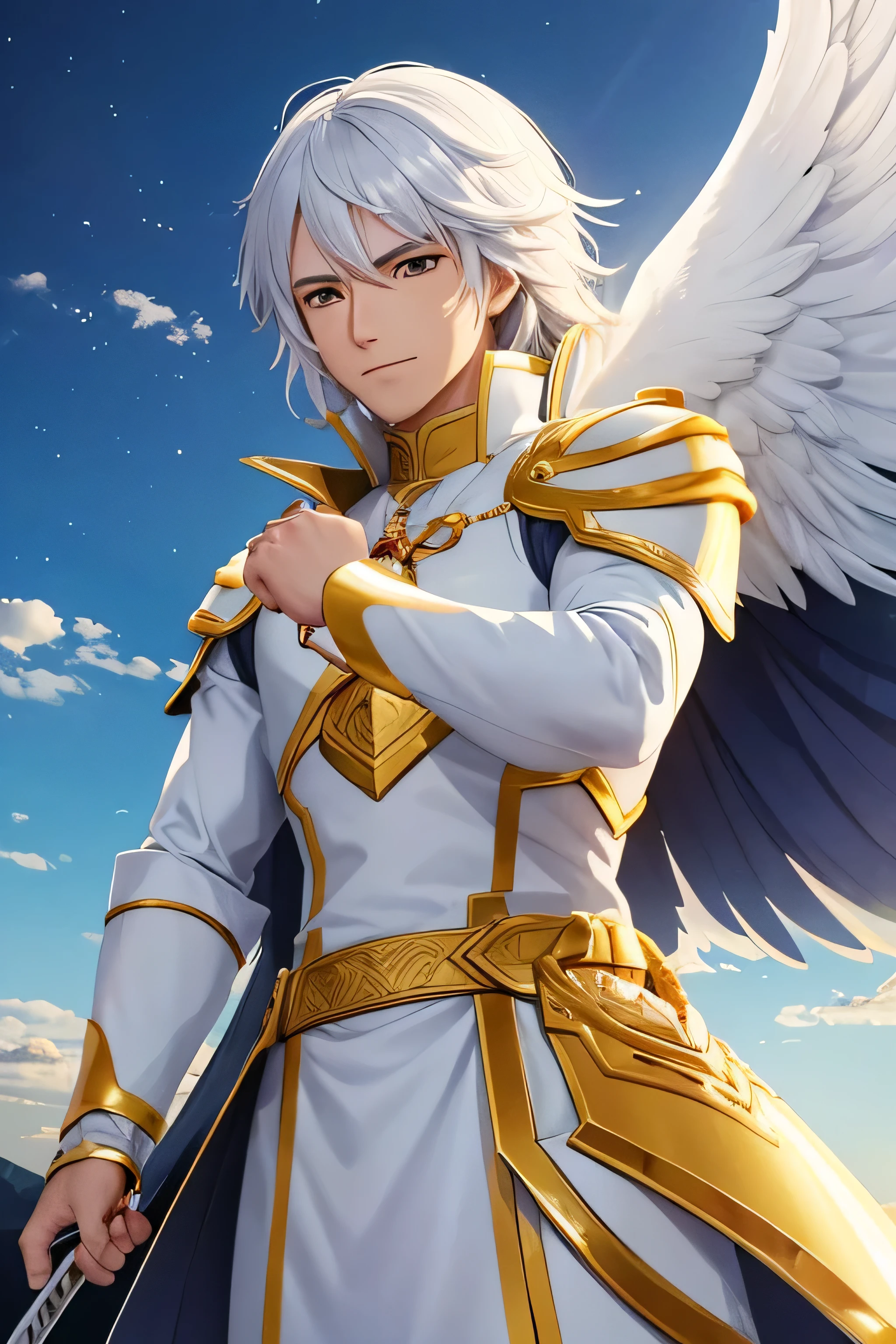 Imagine a male swordsman angel at the height of his heavenly glory. Ele flutua graciosamente no ar, suas enormes asas brancas abertas, radiating a soft, ethereal light. Ele esta com roupas leves. In your right hand, ele segura uma espada longa e brilhante, whose blade is made of pure celestial light, cintilando com uma intensidade quase ofuscante.His face expresses determination, serenidade e felicidade, olhos brilhando em um dourado e penetrante. The surrounding scenery is a twilight sky, with white clouds reflecting the sunset. Raios de luz divina atravessam as nuvens.