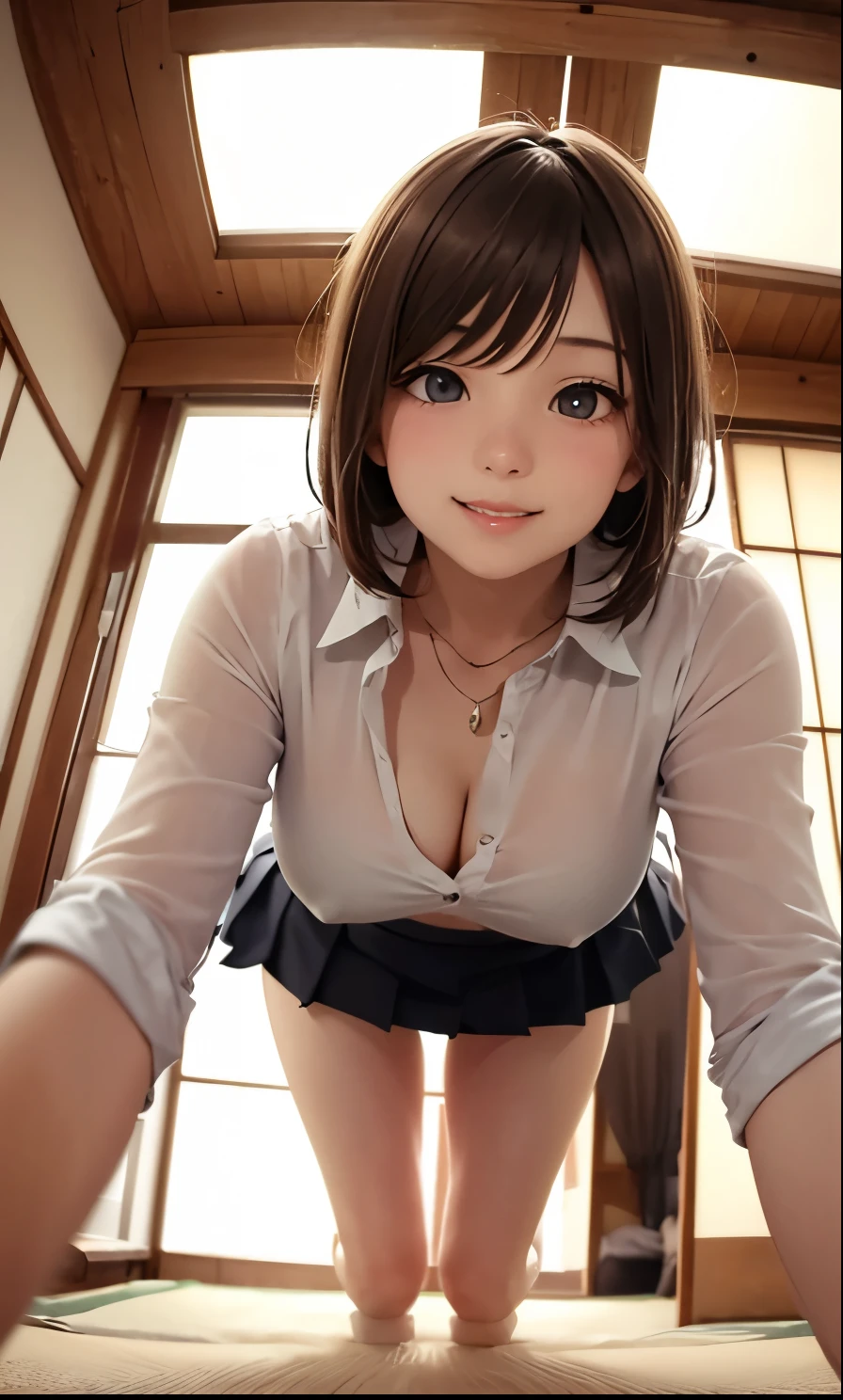 8k,best quality,high res,1girl, looking at viewer intensely, natural skin texture,realistic ,full lips, solo, short skirt,Big breasts, big butt, looking up from below, low angle, upskirt, Droopy eyes, beautiful woman, uniform, short checked skirt、Panty shot、high school girl、big droopy eyes、smile, young face,white shirt、checked skirt,Cute face, extremely droopy eyes、Slender,indoor,nice smile,white underwear,underwear with lace、light brown hair、perfect face, beautiful eyes、blonde, blue eyes、girl's room、Japanese high school girl, Japanese、crawl on all fours、(Background) Modern room