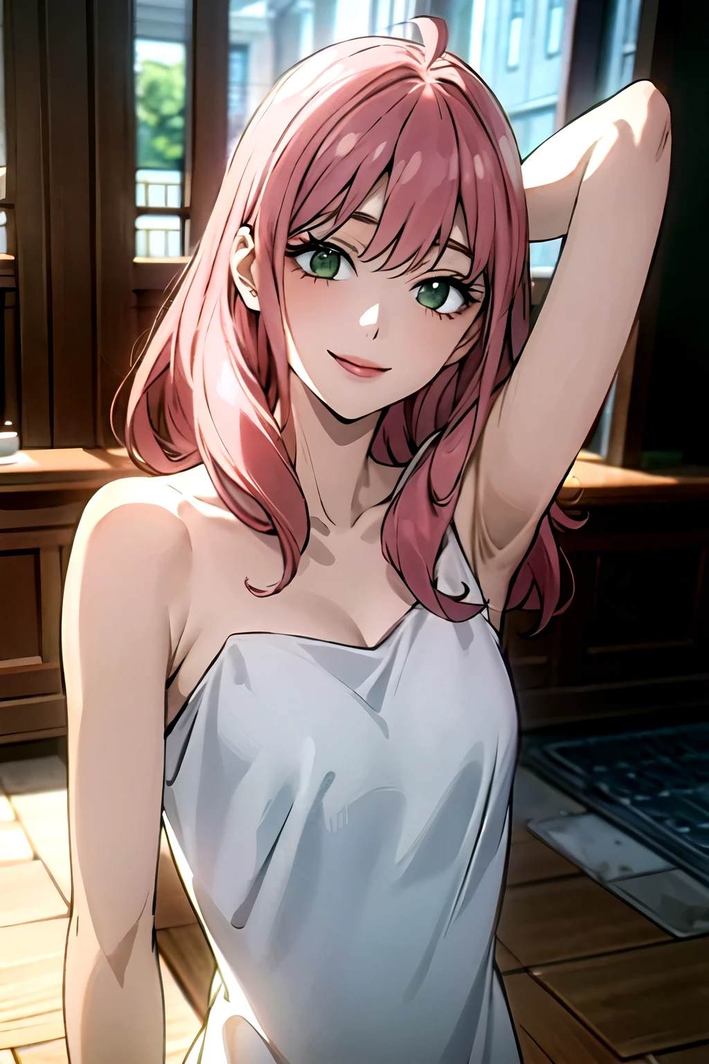 ((best quality)), ((masterpiece)), (detailed), perfect face. Asian girl. Pink hair. Green eyes. Topless. Small breast. Smile. Armpit.