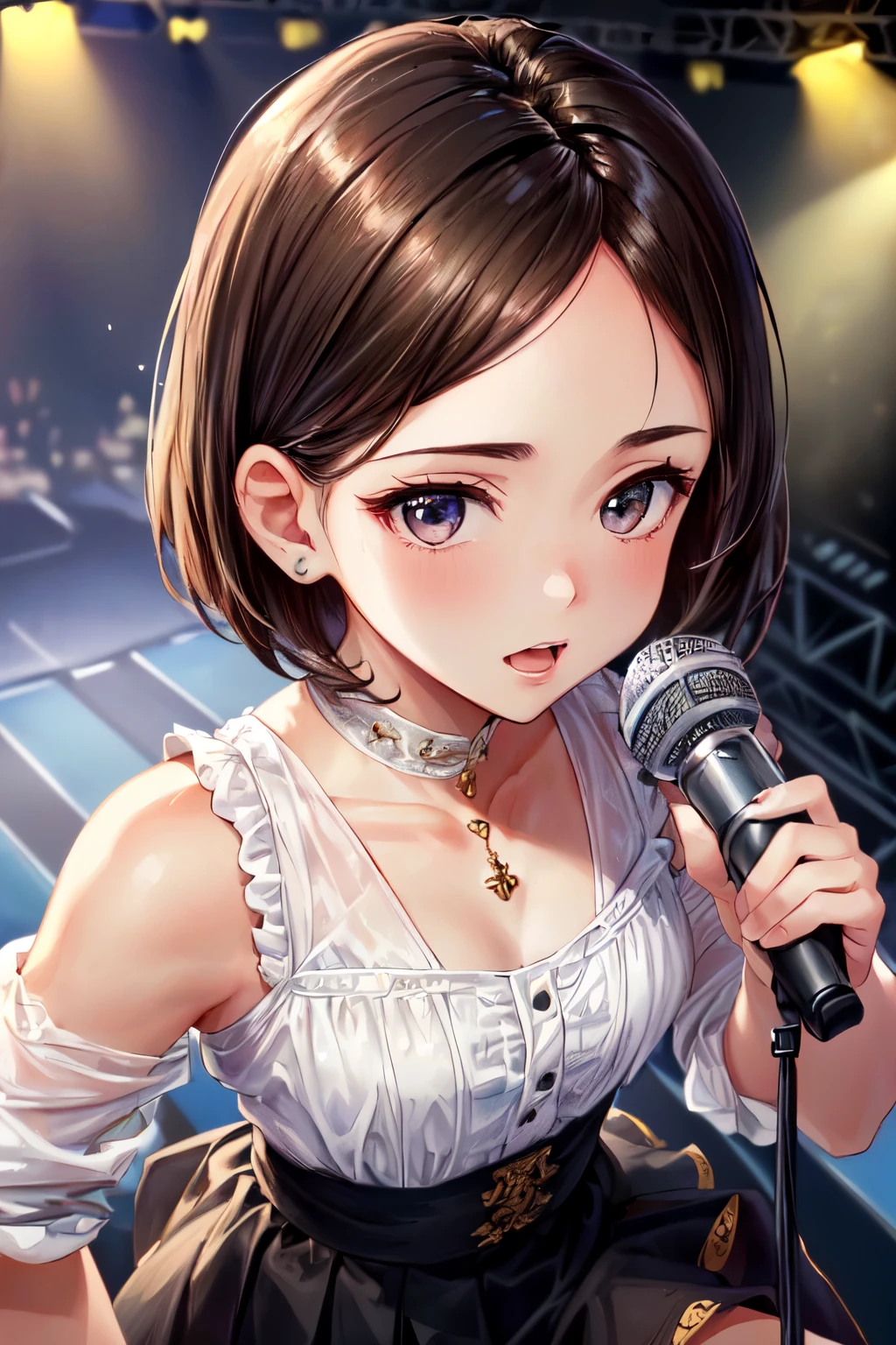 ((Best of the highest quality, 8k, Masterpiece, raw photo: 1.3)), (Great artist style, Alphonse Mucha: 1.02), Sharp focus, (1girl: 1.1), face focus, cute face, (portrait: 1.2), (k-pop idol, on the stage, microphone: 1.28), jacket, skirt, from above, (brunette short bob hair, forehead: 1.1),