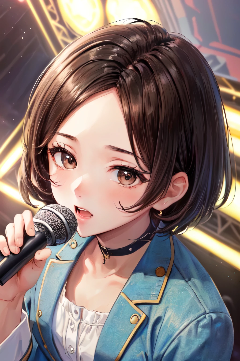 ((Best of the highest quality, 8k, Masterpiece, raw photo: 1.3)), (Great artist style, Alphonse Mucha: 1.02), Sharp focus, (1girl: 1.1), face focus, cute face, (portrait: 1.2), (k-pop idol, on the stage, microphone: 1.28), jacket, skirt, from above, (brunette short bob hair, forehead: 1.1),