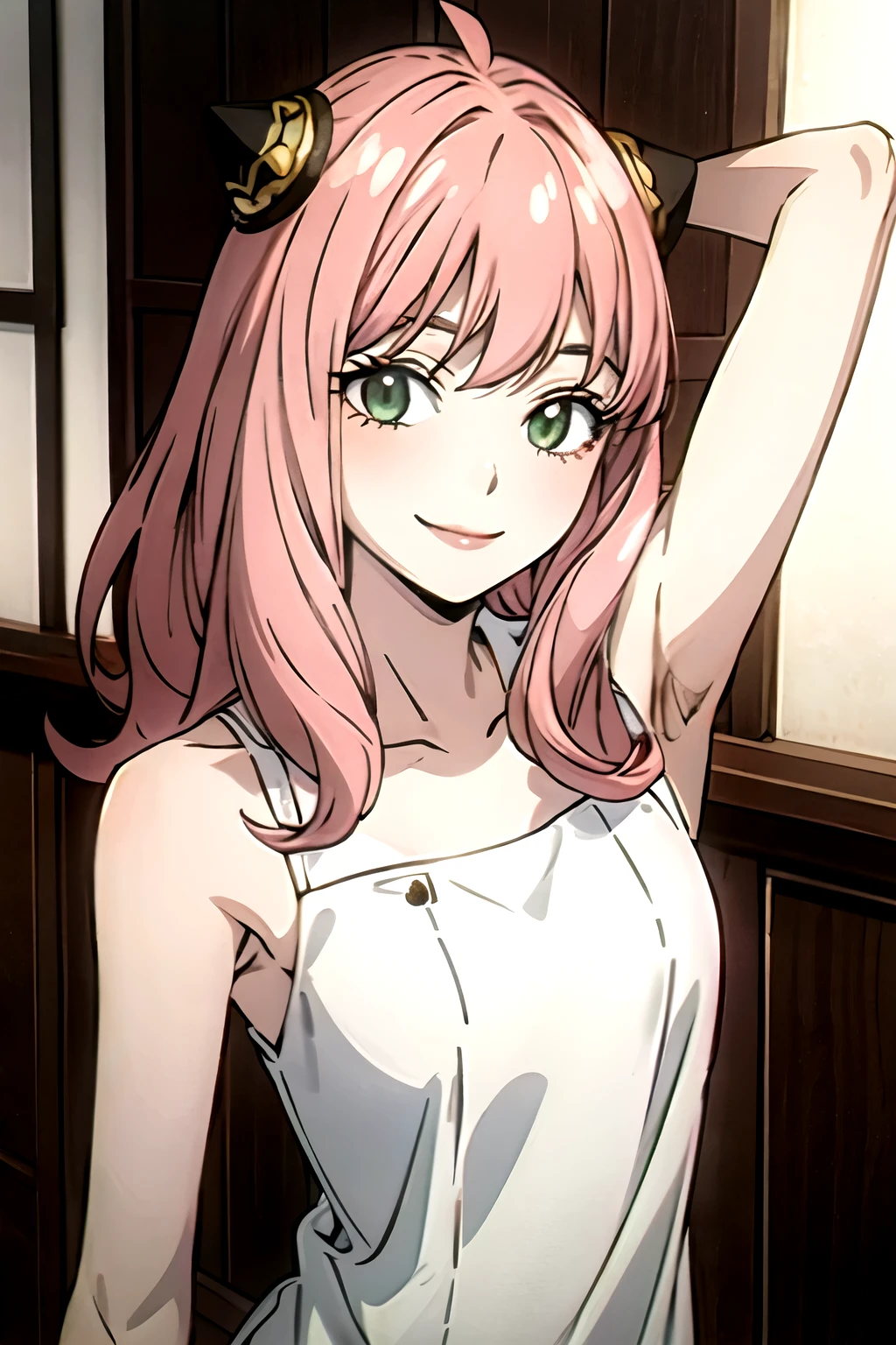 ((best quality)), ((masterpiece)), (detailed), perfect face. Asian girl. Pink hair. Green eyes. Topless. Small breast. Smile. Armpit.