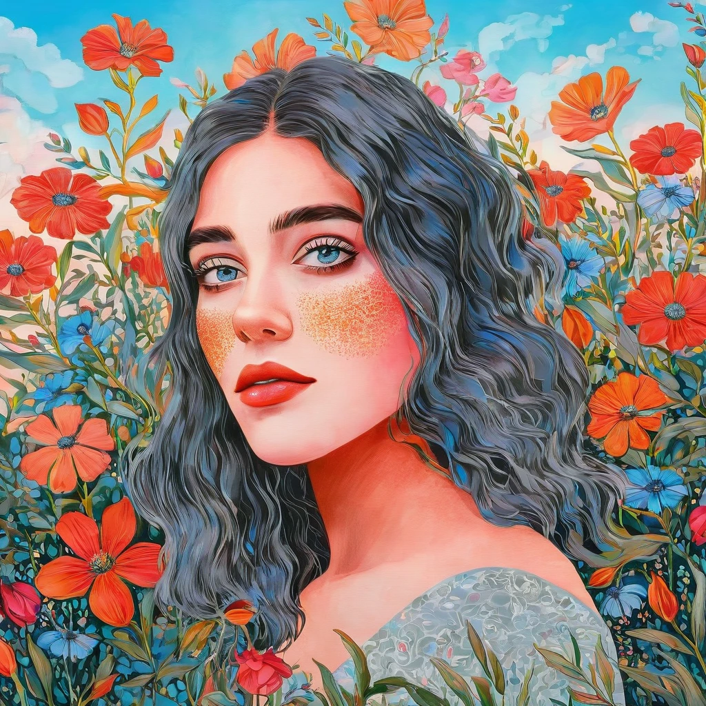 a beautiful girl in a lush garden, vibrant blue sky, red and orange flowers, detailed face and eyes, volumetric lighting, intricate details, photorealistic, high definition, masterpiece, professional digital art, cinematic color palette, Light Pink - RGB: (238, 169, 194)
Muted Blue - RGB: (86, 112, 144)
Dark Grayish Blue - RGB: (61, 70, 90)
Bright Blue - RGB: (30, 156, 235)
Very Dark Gray - RGB: (33, 32, 38)
Light Grayish Blue - RGB: (132, 154, 204)