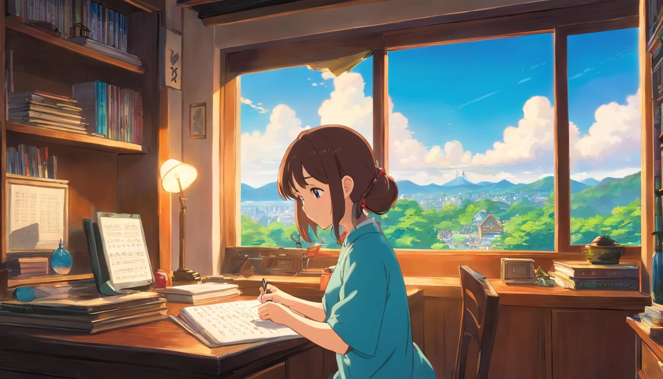 Japanese anime style。Beautiful Japanese girl studying while listening to music in her room。Blue sky outside the window。Warm lighting。