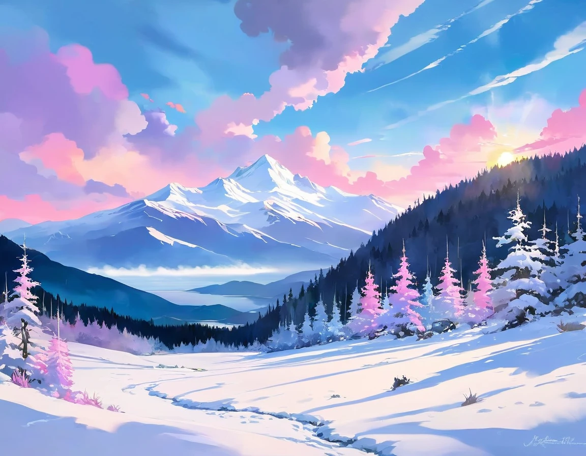 Create a winter landscape painting with a serene atmosphere, using a palette of light pink, muted blue, dark grayish blue, bright blue, very dark gray, and light grayish blue. The scene should feature a snowy forest in the foreground and a majestic mountain range in the background, capturing the transition of colors from the snow-covered trees to the vibrant hues of the sky and mountains at sunrise. The painting should evoke a sense of tranquility and the beauty of nature