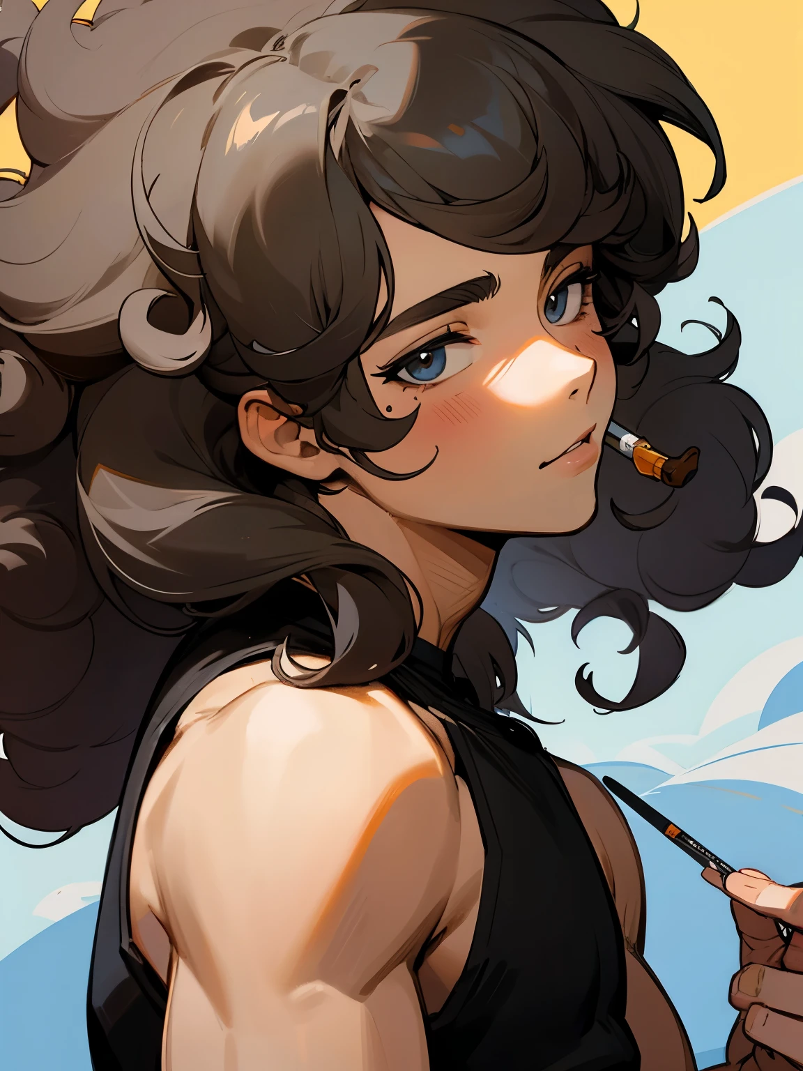 desenho eslito anime, garoto negro, cabelo cacheado com corte mullet curly hair, fumando,