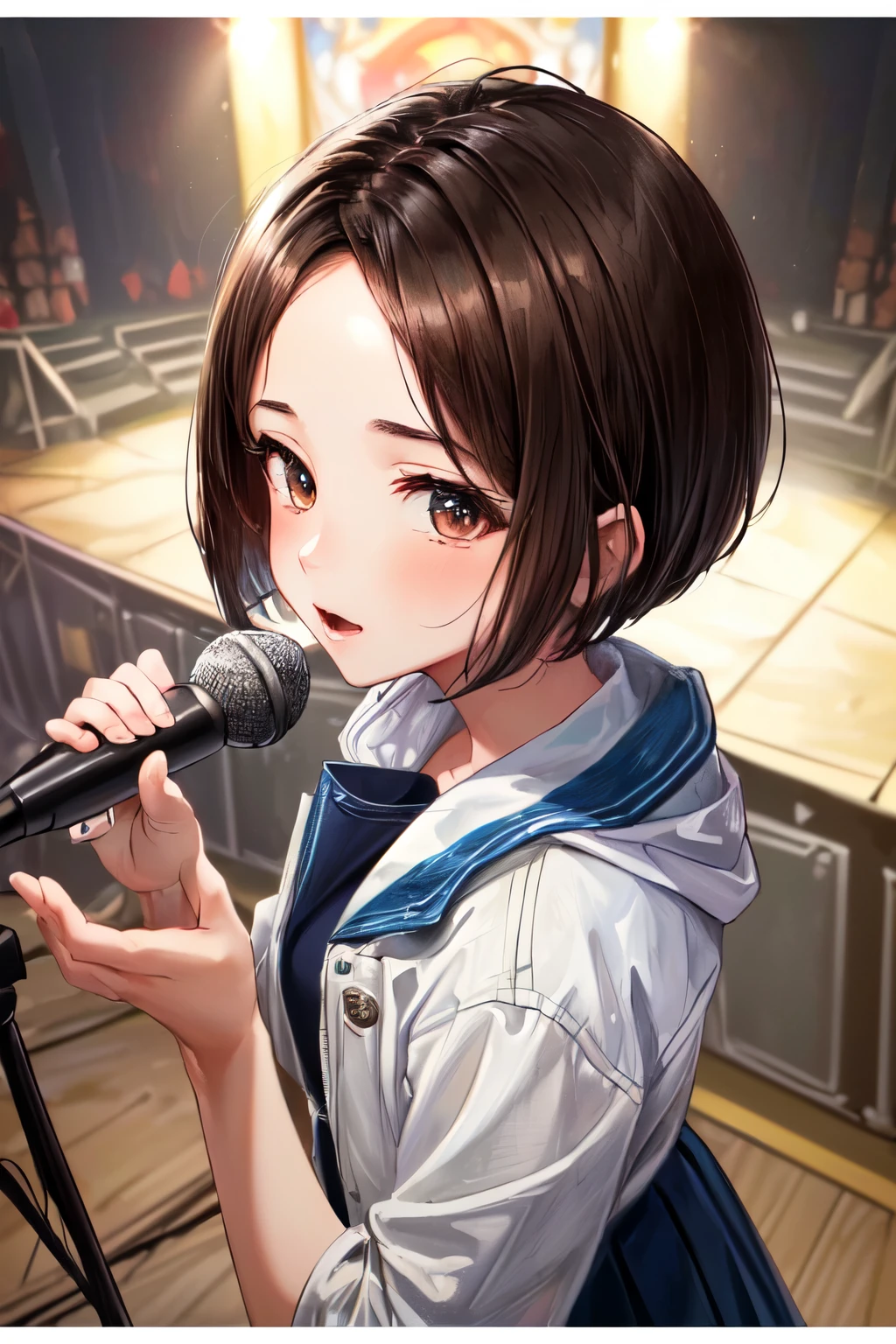 ((Best of the highest quality, 8k, Masterpiece, raw photo: 1.3)), (Great artist style, Alphonse Mucha: 1.02), Sharp focus, (1girl: 1.1), face focus, cute face, (portrait: 1.2), (k-pop idol, on the stage, microphone: 1.16), jacket, skirt, from above, (brunette short bob hair, forehead: 1.1),