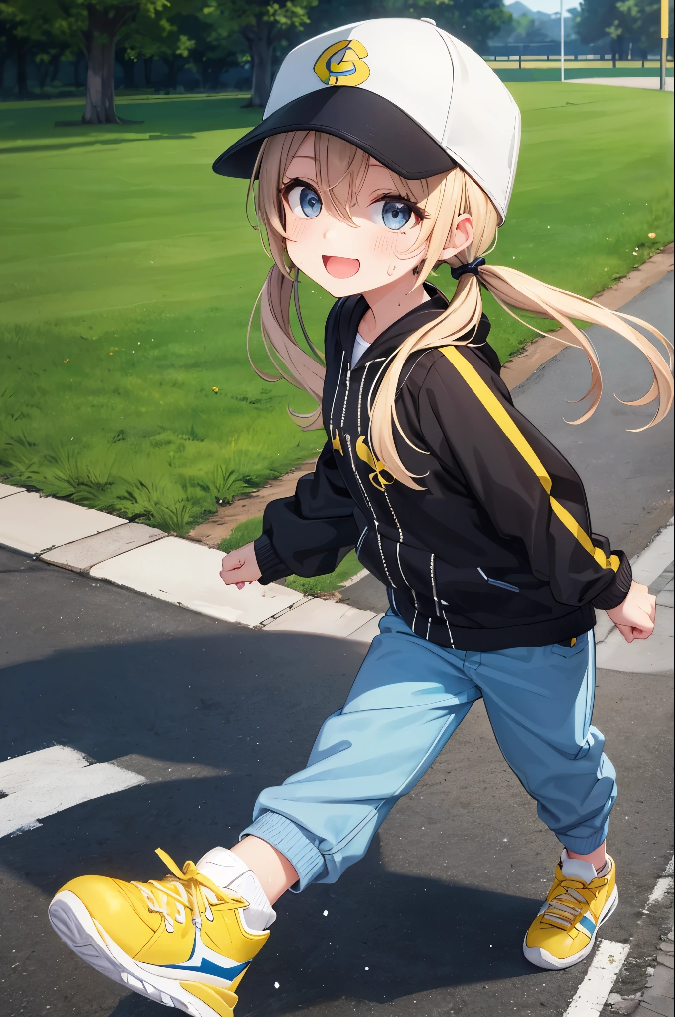 (Little:1.4), masterpiece, highest quality,
Very detailed, Absurd, Ultra-high resolution, Super detailed, masterpiece, highest quality, Beautiful lighting,chibi character girl、 Dark Eyes、Light blue long hair、Twin tails、A happy smile、White sneakers、Black Hat, Baseball cap, Sweat, Hair between the eyes, Sweatdrop, Yellow Jacket, Black trousers,Cartoon rendering of a running through a green park,