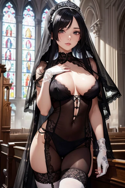 (8k, best quality, masterpiece),(ultra-detailed:1.1),(high detailed skin),
[qty: :1],full body,
[main: :1],1girl,black hair,long hair,curtains,bodystocking,(Black silk veil:1.2),black lace elbow gloves,
[emo: :1],
[ver: :1],put hands on chest,
[bac: :1],(church:1.2),
[key: :1],(white breast curtains:1.2),bodystocking,
aqw,rita rossweisse,1girl,gloves,maid headdress,hair over one eye,maid,black gloves,breasts,short,
\\\\\\\\\\\\\\\\\\\\\\,
melowh,Art style,clean and crisp picture,
(beautiful_face),((intricate_detail)),(revealing clothes:1.2),
((finely_detailed)),fine_fabric_emphasis,
((glossy)),