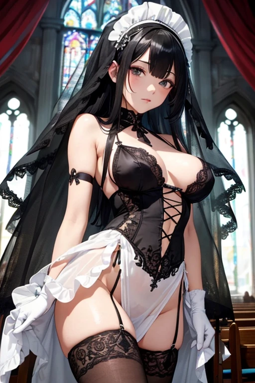 (8k, best quality, masterpiece),(ultra-detailed:1.1),(high detailed skin),
[qty: :1],full body,
[main: :1],1girl,black hair,long hair,curtains,bodystocking,(Black silk veil:1.2),black lace elbow gloves,
[emo: :1],
[ver: :1],put hands on chest,
[bac: :1],(church:1.2),
[key: :1],(white breast curtains:1.2),bodystocking,
aqw,rita rossweisse,1girl,gloves,maid headdress,hair over one eye,maid,black gloves,breasts,short,
\\\\\\\\\\\\\\\\\\\\\\,
melowh,Art style,clean and crisp picture,
(beautiful_face),((intricate_detail)),(revealing clothes:1.2),
((finely_detailed)),fine_fabric_emphasis,
((glossy)),