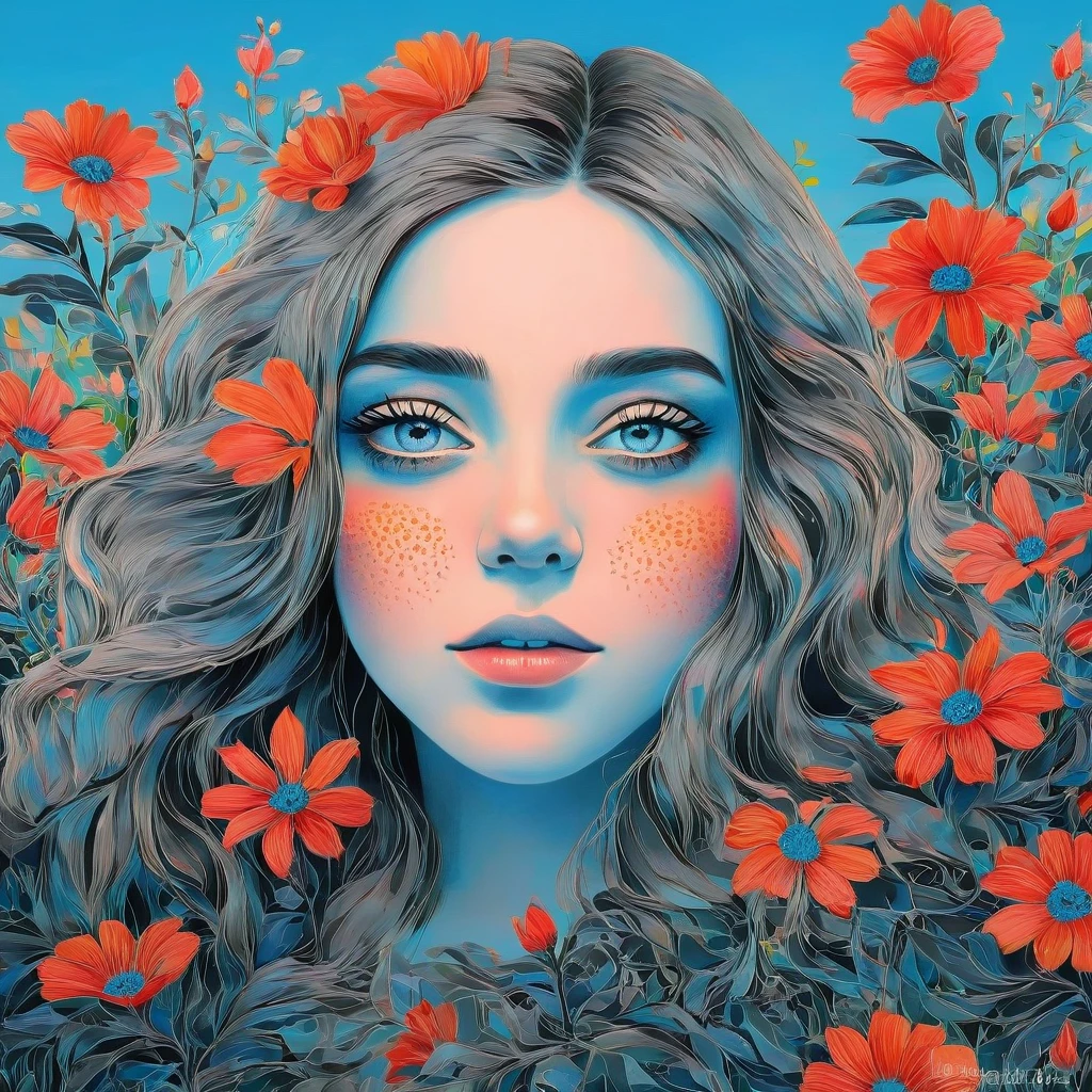 a beautiful girl in a lush garden, vibrant blue sky, red and orange flowers, detailed face and eyes, volumetric lighting, intricate details, photorealistic, high definition, masterpiece, professional digital art, cinematic color palette, using a palette of light pink, muted blue, dark grayish blue, bright blue, very dark gray, and light grayish blue