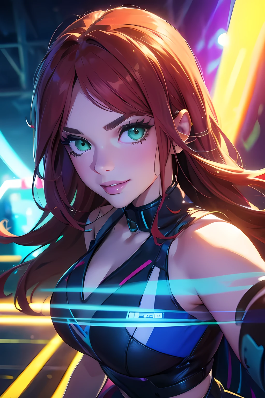 (best quality,realistic:1.2),ultra-detailed,(realistic,photorealistic,photo-realistic:1.37),streaming selfie,instagram influencer,1 girl,realistic detailed green eyes,redhead,beautiful detailed lips,beautiful detailed eyes,longeyelashes, dancing, full body, party,,looking to viewer, smiling, sexy rave outfit, night scene,hair blowing in the wind,vivid colors,studio lighting, rave party in the background, high angle selfie, streaming in live,fish_eye_lens:0.8,