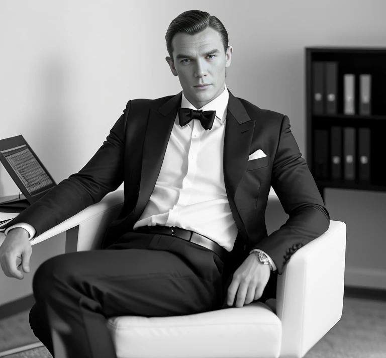 (Duke man sitting on office chair), ano1940 (Preto e branco), (atraente) cena do filme, (Impeccable), Homem elegante, homem jovem, 18 anos de idade, com sobrancelhas masculinas grossas, agente secreto 007 estilo homem, (with a mysterious and serious face with a small smile,) cabelo curto e longo, elegant and elegant, ajuste ao corpo,( imagem realista e de alta qualidade), ((melhor qualidade, 8K, Obra de arte).