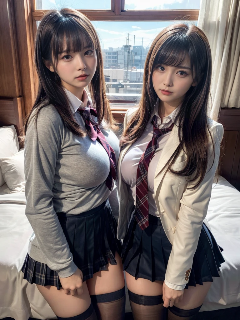 8K, RAW portrait of ,​masterpiece、Photorealsitic:1.photos realistic, 超A high resolution, Best Quality, Real life photography ,( At night :1.1),
((2 girls:1.8)), (((Two girls showing off their nipples in the bedroom late at night:1.3)))、(kawaii faces:1.4)、((Two very cute Japanese girls)),((Japanese high school  girl))、((Realistic Schoolgirl))、((School uniform、Cardigan、Plaid pleated skirt、a bow tie))、 Long hair,,Slender body,、inside in room、((small tits:1.3))、((tiny chest:1.3))、
((large beautiful detailed eyes))、eyeshadows、 ((dark-brown eyes:1.5))、(Authentic skin texture:1.3)、(Immersive atmosphere:1.05、Chiaroscuro:1.3) 、(looking at viewert)、Looking at the camera、Look at viewers、((embarrassed from:1.8))、(A smile:0.85)、((Reddened cheeks:1.3))、((Ceiling from below:1.2))、(Body facing the camera:1.5)、(Open Shirt:1.1)、((Nipples sticking out of shirt,,))、((Show bust top))、((bustshot:1.8))、(((small tits:1.3)))、(((tiny chest:1.3)))