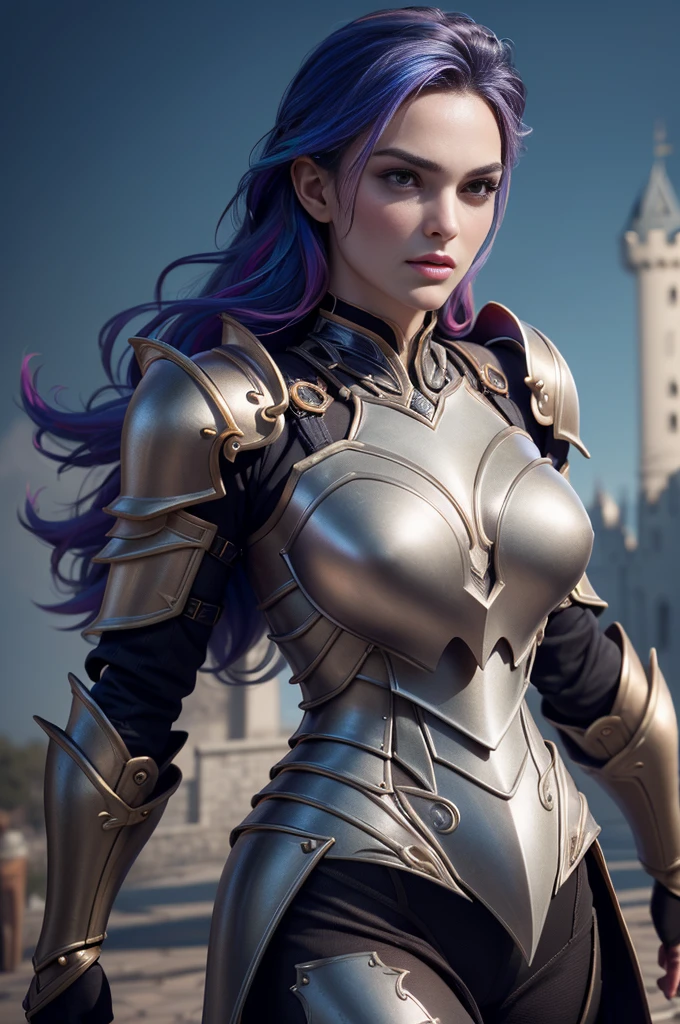 celebrity photo, brut, belle femme, ((portrait)), ((detailed face, colorful rainbow hair:1.2)), ((detailed facial feature, detailed skin, peau propre, parted lips), (corps parfaitement proportionné, seins moyens, clivage), (portant une élégante armure dorée, full armor: 1.5)), (high detailed castle: 1.3), (Realistic photo, Best quality, detailed), (Fond d'écran 8K), (Cinematic lighting, Dramatic lighting) (Sharpness, Complexe), 