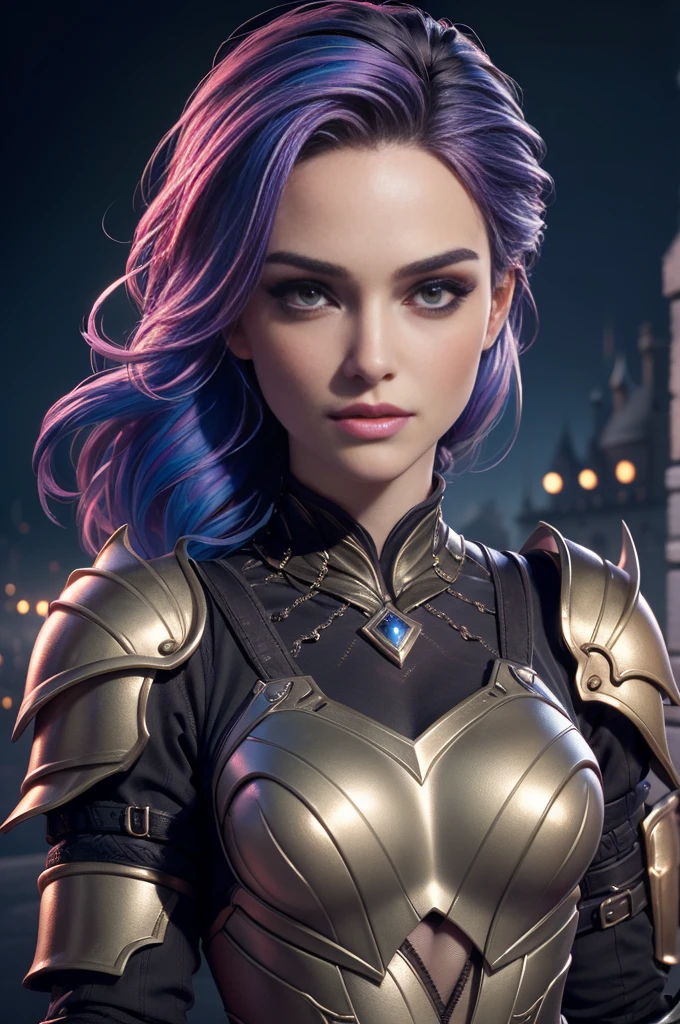 celebrity photo, brut, belle femme, ((portrait)), ((detailed face, colorful rainbow hair:1.2)), ((detailed facial feature, detailed skin, peau propre, parted lips), (corps parfaitement proportionné, seins moyens, clivage), (portant une élégante armure dorée, full armor: 1.5)), (high detailed castle: 1.3), (Realistic photo, Best quality, detailed), (Fond d'écran 8K), (Cinematic lighting, Dramatic lighting) (Sharpness, Complexe), topless