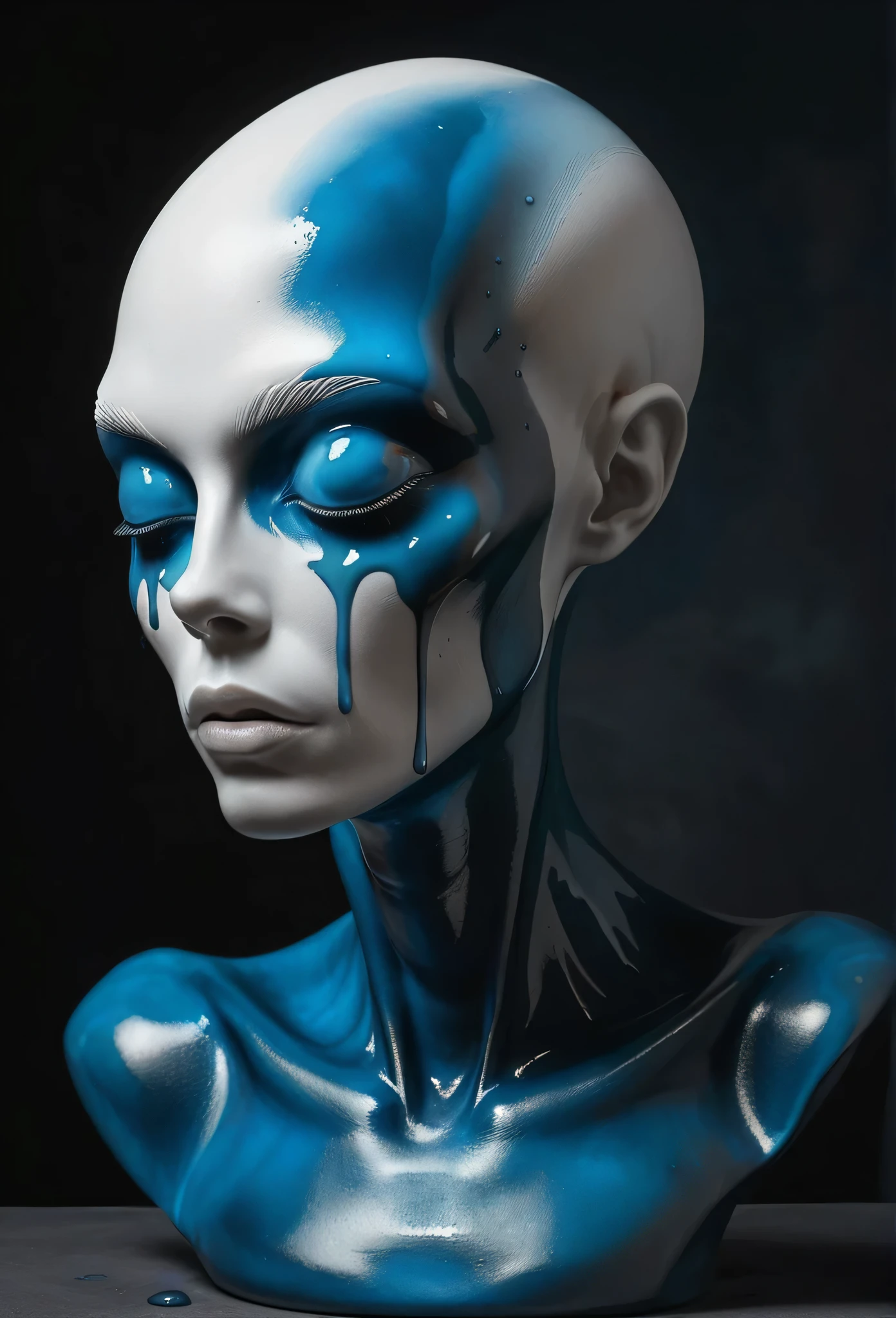 Made of white plaster,statue,Still Life Table Setting,Dark background,Weird alien portrait sculpture,look up,There were tears on his cheeks,Blue Tears:1.5,a , modern style, high resolution, artwork,advanced dark style hard 4k high