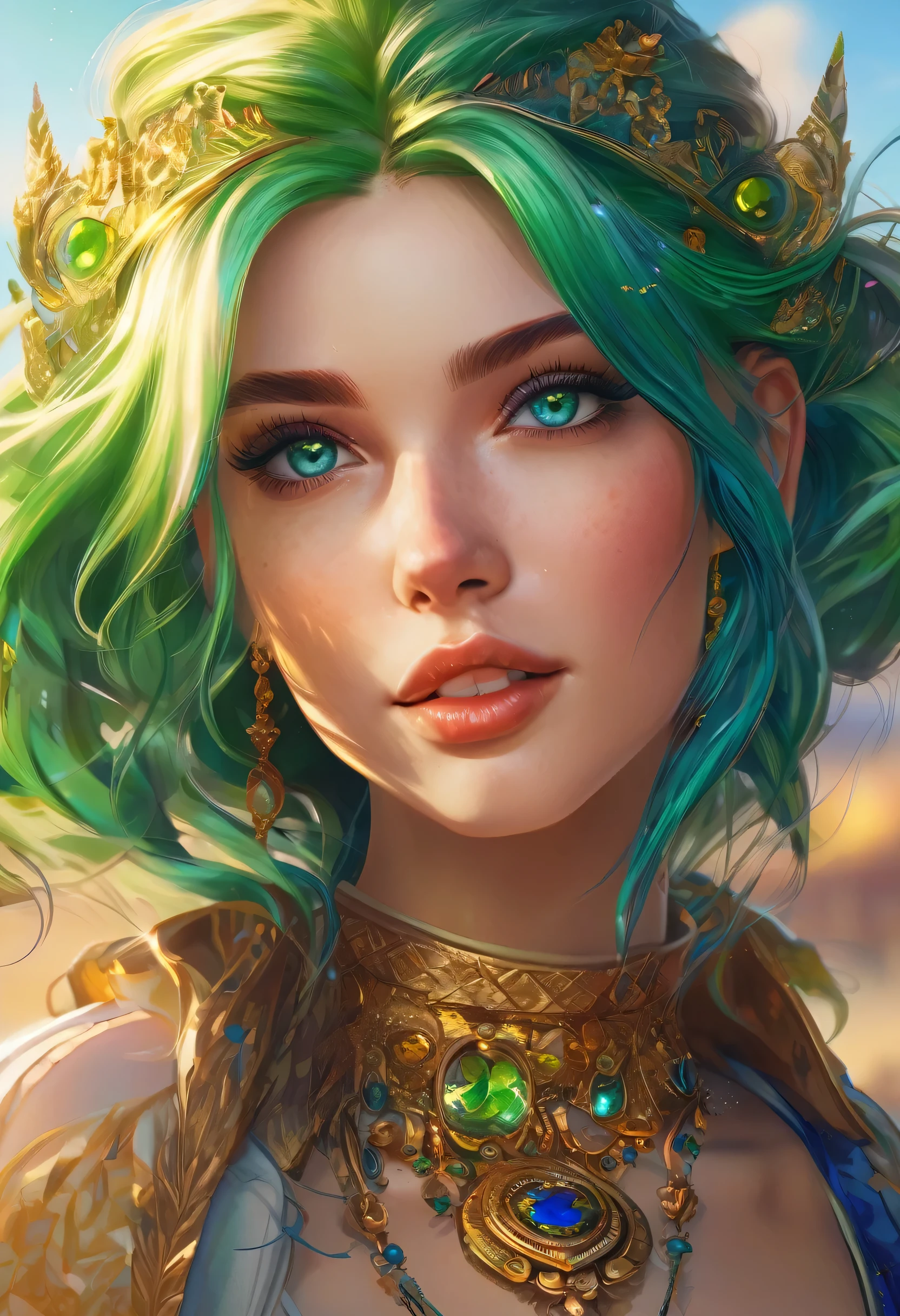 1girl, green hair, blue eyes, beautiful detailed eyes, beautiful detailed lips, extremely detailed face, smiling, camera, fantasy, warm light, golden hour, vibrant, cinematic, photorealistic, 8k, high quality, intricate details, masterpiece, digital painting