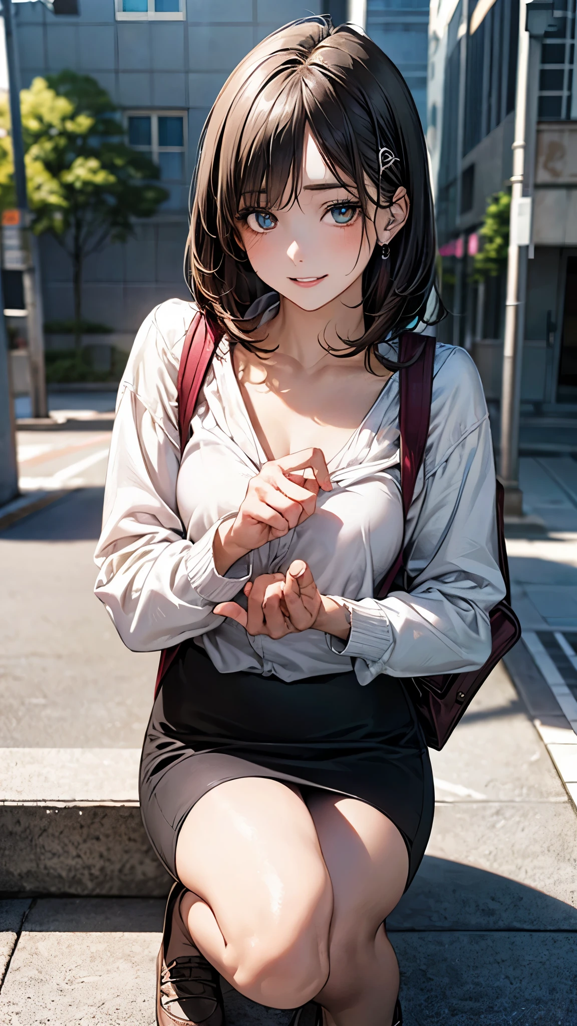 (masterpiece:1.2, top-quality), (realistic, photorealistic:1.4), beautiful illustration, (natural side lighting, movie lighting), depth of fields,
looking at viewer, cowboy shot, (from below), 1 girl, japanese, high school girl, perfect face, cute and symmetrical face, babyface, round face, shiny skin,
(short hair, straight hair, black hair), bangs hairpin, asymmetrical bangs, pale turquoise eyes,, long eye lasher, (medium breasts), perfect female body,
beautiful hair, beautiful face, beautiful detailed eyes, beautiful clavicle, beautiful body, beautiful chest, beautiful thigh, beautiful legs, beautiful fingers,
(hoodie, pencil skirt, long sleeves, knapsack),
(beautiful scenery), (street, shiny, bright, rim lighting), (squatting), (lovely smile, upper eyes, parted lips),