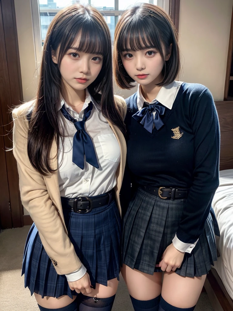 (8K, Raw photography, top-quality, masterpiece:1.2), muster piece, best quality, illustration, Super detailed, fine details, High resolution, 8K,wall paper, perfect dynamic composition,(Details High quality, realistic depiction of eyes:1.3), ((2 girls, 2 schoolgirls)), The background is a luxury hotel room、High school girl uniform、blazer 、Super Short Check Uniform Skirt、Navy blue high socks、garterbelts、Colossal tits、Disturbed uniform, Play with each other,Touching each other's bodies,Touching the body of the girl next door, short bob hair, black hair color, huge breasts, Big Natural Color Lip, bold sexy pose, perfect body shape, crying a little、cold gaze, Beautiful makeup,glitter makeup,Cutest 18 years old、 beautiful legs, hposing Gravure Idol