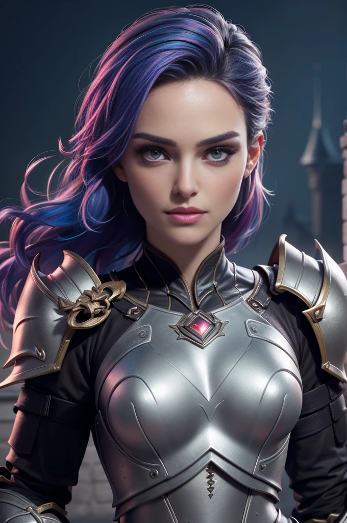 celebrity photo, brut, belle femme, ((portrait)), ((detailed face, colorful rainbow hair:1.2)), ((detailed facial feature, detailed skin, peau propre, parted lips), (corps parfaitement proportionné, seins moyens, clivage), (portant une élégante armure dorée, full armor: 1.5)), (high detailed castle: 1.3), (Realistic photo, Best quality, detailed), (Fond d'écran 8K), (Cinematic lighting, Dramatic lighting) (Sharpness, Complexe), topless