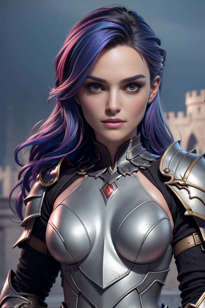 celebrity photo, brut, belle femme, ((portrait)), ((detailed face, colorful rainbow hair:1.2)), ((detailed facial feature, detailed skin, peau propre, parted lips), (corps parfaitement proportionné, seins moyens, clivage), (portant une élégante armure dorée, full armor: 1.5)), (high detailed castle: 1.3), (Realistic photo, Best quality, detailed), (Fond d'écran 8K), (Cinematic lighting, Dramatic lighting) (Sharpness, Complexe), topless
