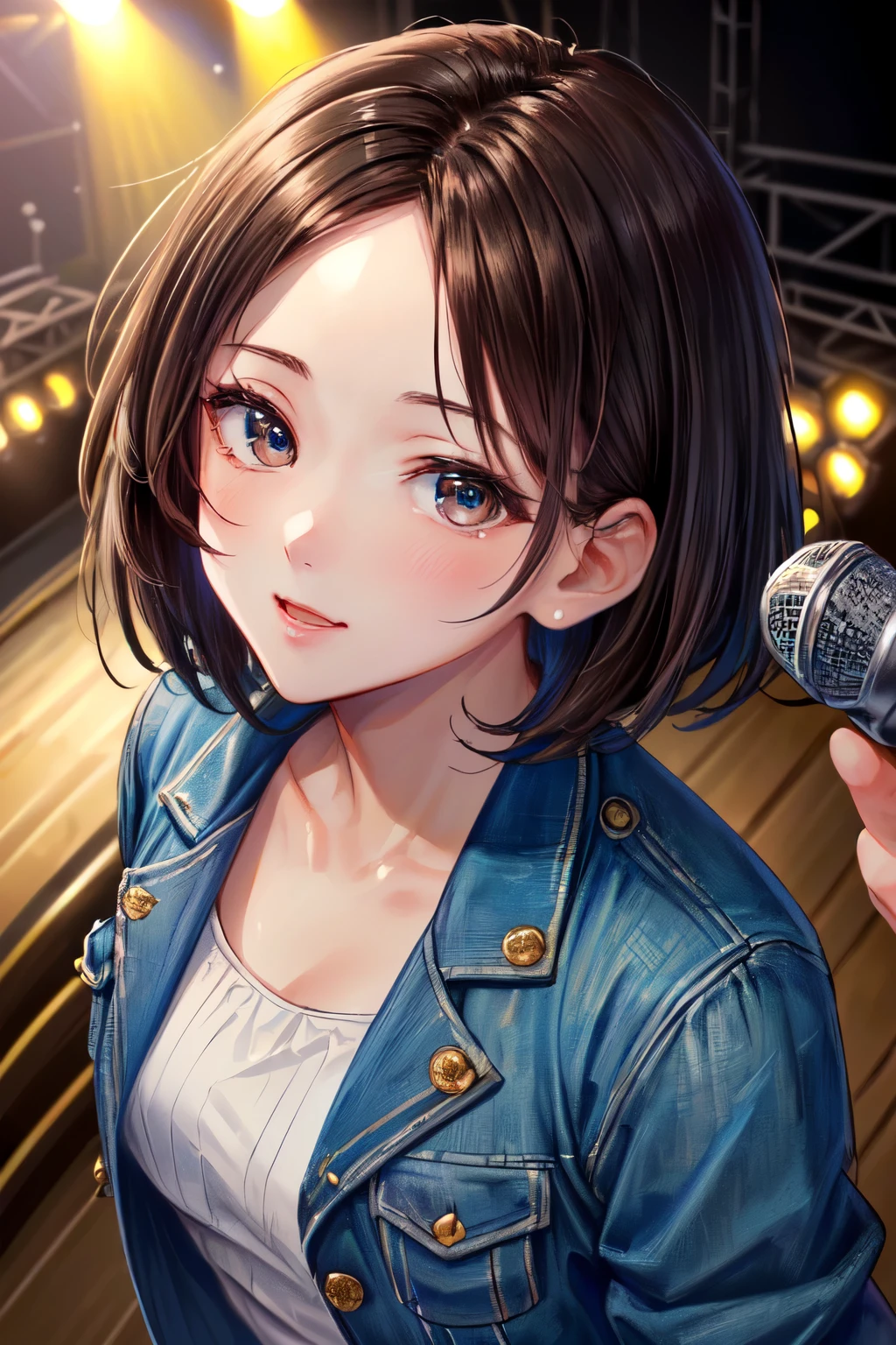 ((Best of the highest quality, 8k, Masterpiece, raw photo: 1.3)), (Great artist style, Alphonse Mucha: 1.02), Sharp focus, (1girl: 1.1), face focus, cute face, (portrait: 1.2), (k-pop idol, on the stage, microphone: 1.16), jacket, from above, (brunette short bob hair, forehead: 1.1),