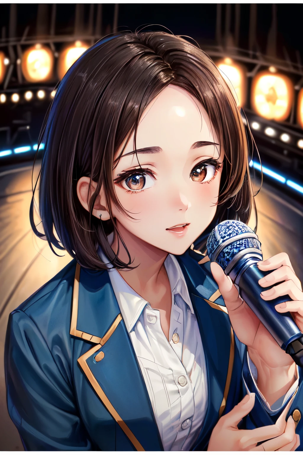 ((Best of the highest quality, 8k, Masterpiece, raw photo: 1.3)), (Great artist style, Alphonse Mucha: 1.02), Sharp focus, (1girl: 1.1), face focus, cute face, (portrait: 1.2), (k-pop idol, on the stage, microphone: 1.16), jacket, from above, (brunette short bob hair, forehead: 1.1),