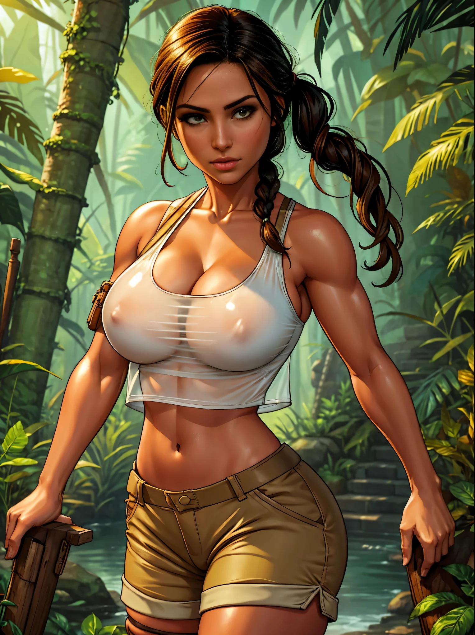 lara croft, tan shorts, white see-through crop top, jungle temple,