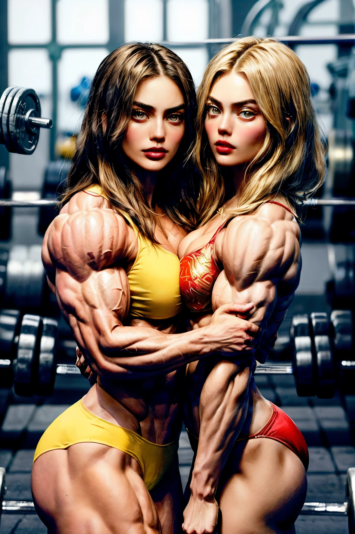 (2 girls body builders:1.6), ((masterpiece)), best quality, ultra-detailed:1.7, finely detail, high resolution:1.6, perfect dynamic composition, beautiful detailed faces:1.77, blonde babes:1.88, perfect red lipstick, perfect makeup:1.8, short denim bikini , large breasts:1.4, lovely look:1.7, gorgeous face:1.6, defined muscles:1.4, beautiful faces:1.8, alessandra ambrossio, izabel goulart, Kate Upton, Gigi Hadid, candice swanpoel ,popped out dense veins on muscles:1.8, hyper detailed picture:1.4, 8k resolution: 1.7, flex muscles:1.3, hyper muscular body shape:1.42, photorealistic:1.5, realistic:1.6, face masterpiece:1.74, good and professional lighting on picture:1.38, Italian-Moroccan muscle beauty goddess, masterpiece 24 years old Kylie Jenner and Margot Robbie as bodybuilders, extremely high resolution, hyper feminine beauty , hyper realistic texture, hyper muscularity, hyper vascularity, ass of titanium, muscles of steel, ripped body shape, ripped sexy ass with bikini, muscular ass , topless, kissing, good face details, hyper face detailing, doing sex, super romantic moment, hyper romantic, romantic kiss, nude females, perfect symmetrical face, sexy french kiss with tongues, serious muscle posing, serious female bodybuilders, super muscular breasts, perfect exaggerated feminine physique , popped out chest muscles, flex chest muscles, ripped chest and pecs