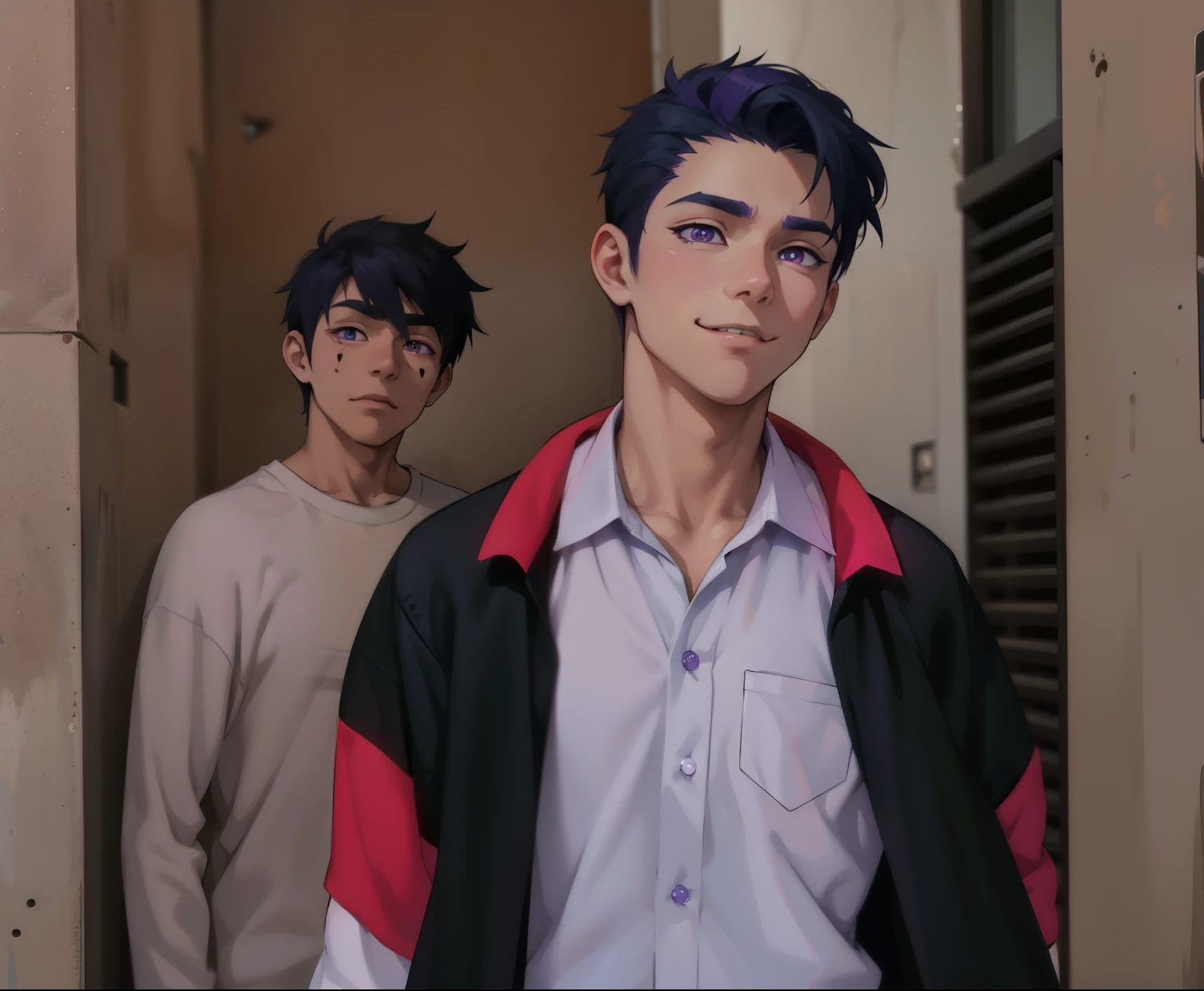 (estilo anime 2d plano)cute 16 year old boy speaks evil with hate with a mischievous smile malevolent irony purple hair purple eyes aura of evil he is dangerous murderer