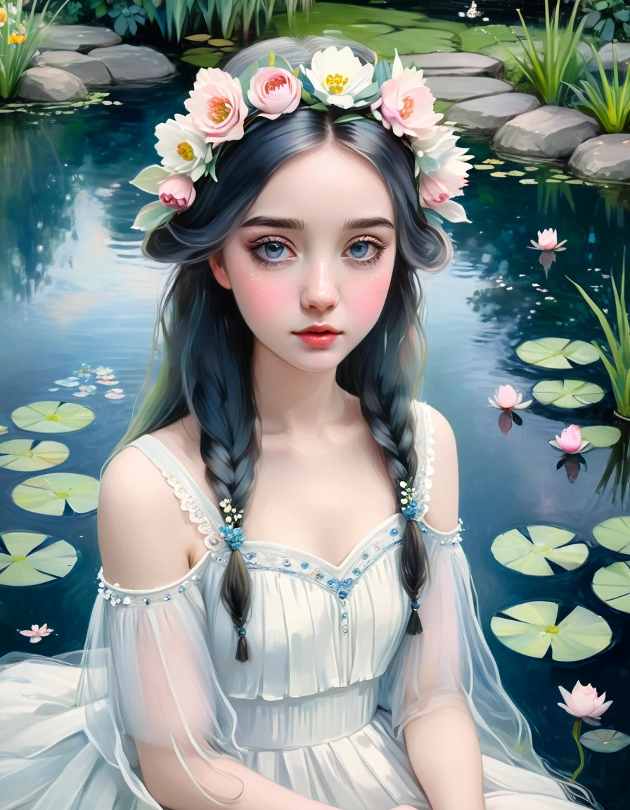 a beautiful young girl in a serene garden, detailed eyes, detailed lips, extremely detailed face and features, long eyelashes, intricate flower crown, flowing white dress, sitting by a pond, soft natural lighting, impressionistic style, muted pastel color palette, light pink, muted blue, dark grayish blue, bright blue, very dark gray, light grayish blue, masterpiece, best quality, 8k, hyper realistic, photorealistic