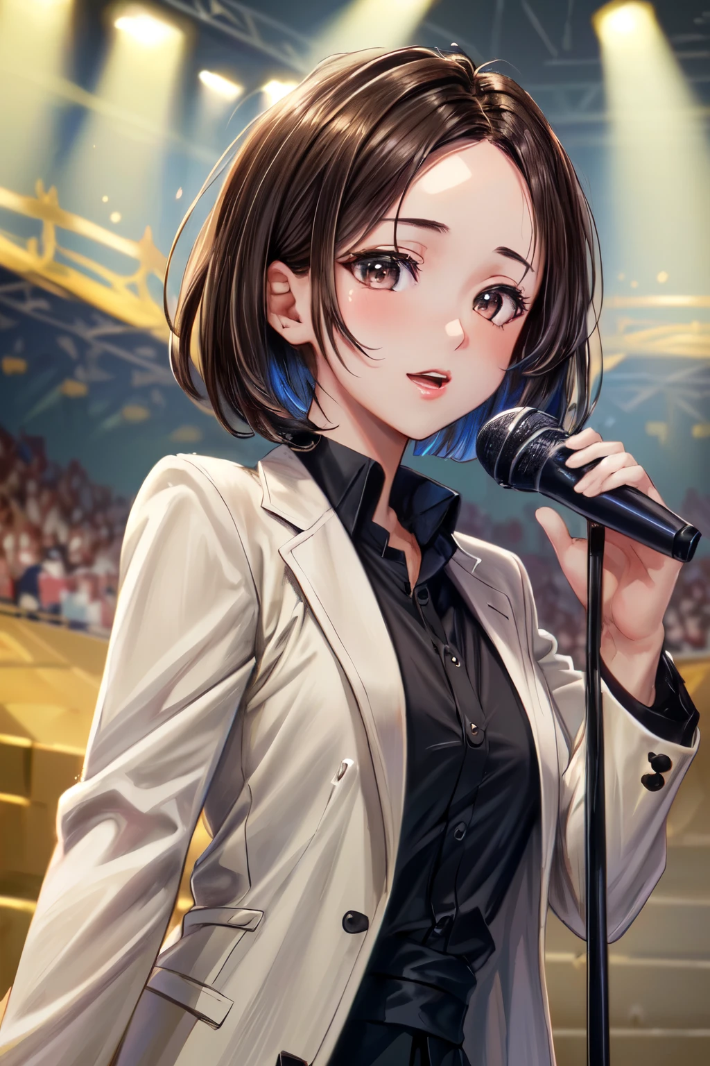((Best of the highest quality, 8k, Masterpiece, raw photo: 1.3)), (Great artist style, Alphonse Mucha: 1.02), Sharp focus, (1girl: 1.1), face focus, cute face, (portrait: 1.2), (k-pop idol, on the stage, microphone: 1.16), jacket, (brunette short bob hair, forehead: 1.1),