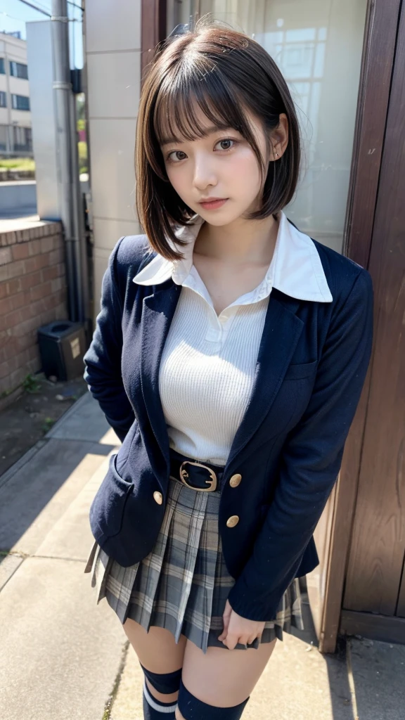 masterpiece, best quality, illustration, Super detailed, fine details, High resolution, 8K,wall paper, perfect dynamic composition,(Details High quality, realistic depiction of eyes:1.3), from side, High School Classroom、High school girl uniform、blazer 、Super Short Check Uniform Skirt、Navy blue high socks、garterbelts、Colossal tits、Disturbed uniform,  short bob hair, black hair color, huge breasts, Big Natural Color Lip, bold sexy pose, perfect body shape, crying a little、cold gaze, Harajuku style、20 year old girl、cute type, beautiful legs, hposing Gravure Idol