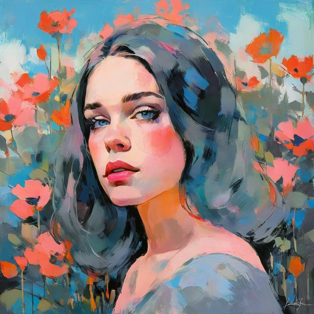 Create a contemporary portrait of a person in the expressive and painterly style of Malcolm Liepke, utilizing a palette of light pink, muted blue, dark grayish blue, bright blue, very dark gray, and light grayish blue. The portrait should feature a close-up of the subject's face with strong, dynamic brushstrokes and a focus on capturing the depth and texture characteristic of Liepke's work. Use light pink and bright blue for the highlights and vibrant areas, while employing muted blue, dark grayish blue, very dark gray, and light grayish blue to create shadows and depth. Ensure the background complements the portrait with subtle variations of the same color palette, evoking a sense of modern elegance and emotional intensity