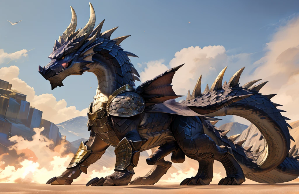 Dragon, monster hunter, male, solo, large body, balls, black relaxed equine penis, feral, anatomicamente animal, solo, realistic scalie, full gold armor, standing