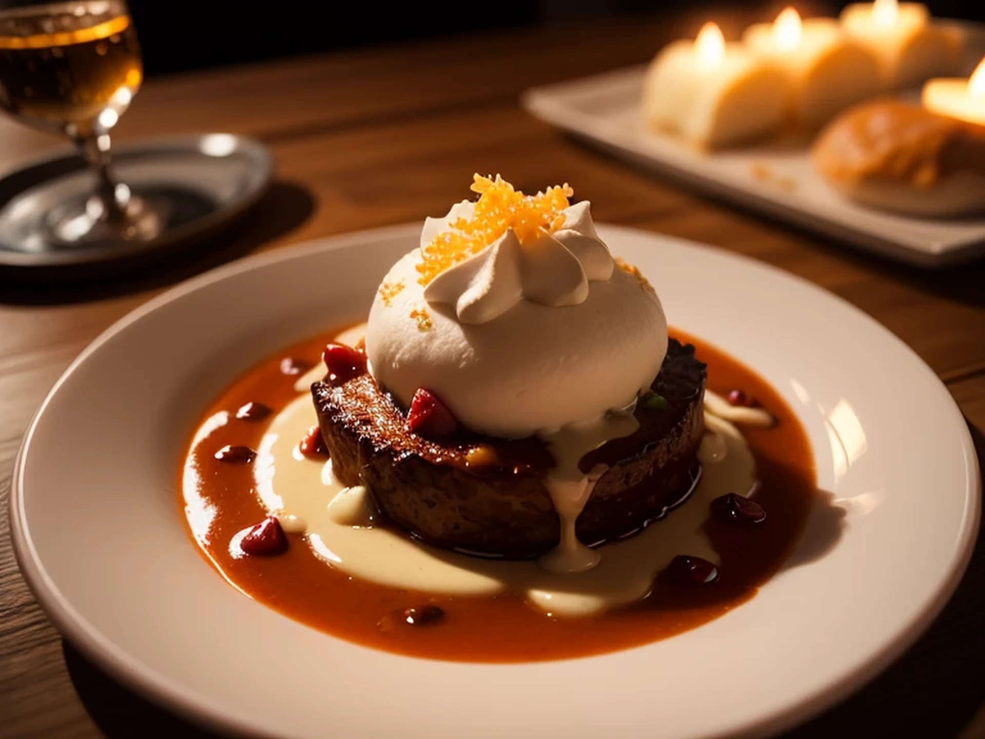 Gastronomic photography of a gourmet meal., con poca profundidad de campo, chapado elegante, and soft lighting